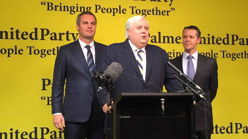 (LtoR) James McDonald, Clive Palmer and Craig Gunnis at a Palmer United Party media conference on June 8, 2016.  Two of Clive Palmer's employees will run as Palmer United Party candidates for Queensland Senate seats. James McDonald, Mr Palmer's chief of staff and director of Palmer's company Blue Star Line that has overseen the Titanic II project, has been named the Senate "team leader" for Queensland.  Craig Gunnis, who works at Palmer's vintage car museum Palmer Motorama and stood for the Federal seat of Ryan in 2013, will also stand.