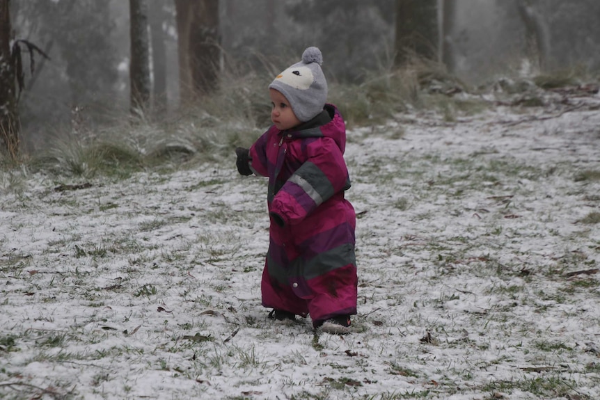 A toddler dressed in snow gear walks through snow.