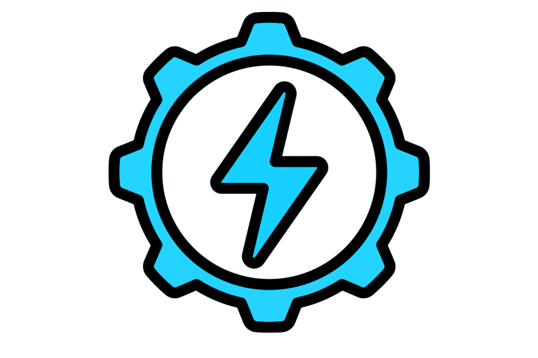A blue lightning bolt sits inside a cog, above the words 'energy'