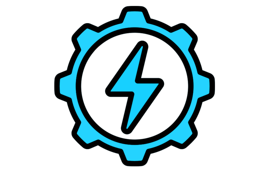 A blue lightning bolt sits inside a cog, above the words 'energy'