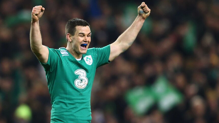 Jonathan Sexton reacts after Ireland's Six Nations win over France in Dublin on February 14, 2015.