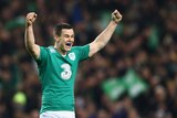 Jonathan Sexton reacts after Ireland's Six Nations win over France in Dublin on February 14, 2015.