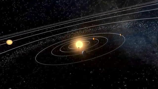 Solar system in outer space, objects show orbit path