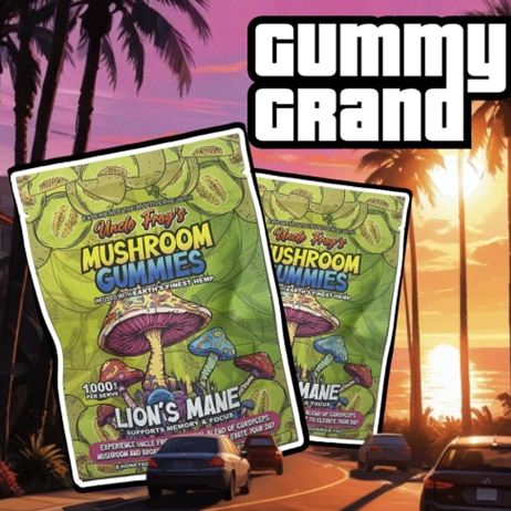 Advertising image for Mushroom Gummies showing packaging 