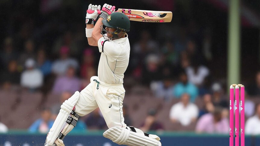Astonishing knock ... David Warner hits out against West Indies on day five at the SCG