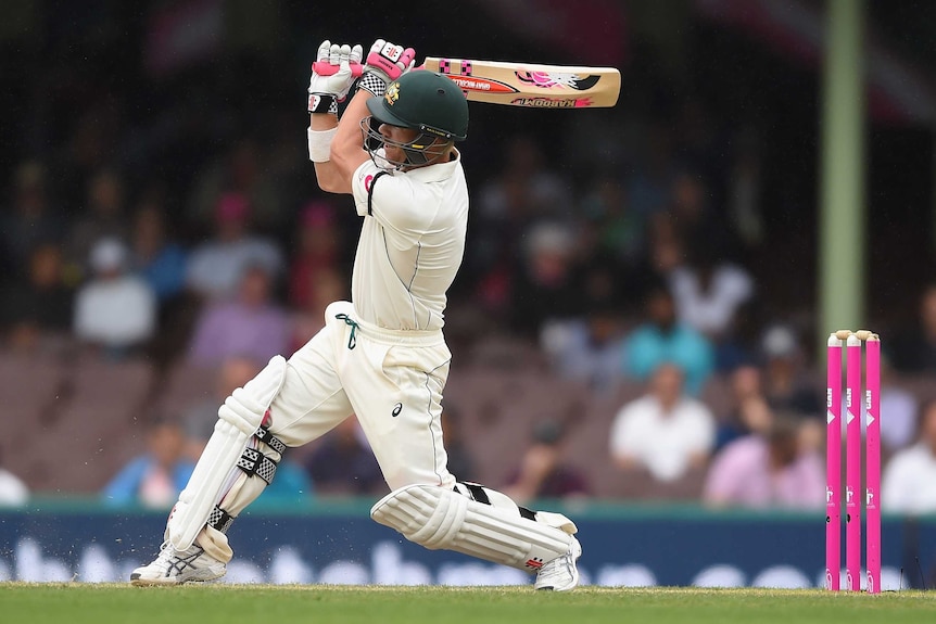 Astonishing knock ... David Warner hits out against West Indies on day five at the SCG