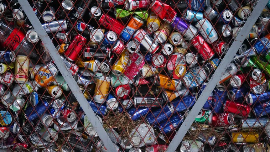 hundreds of soft drink cans in a bin