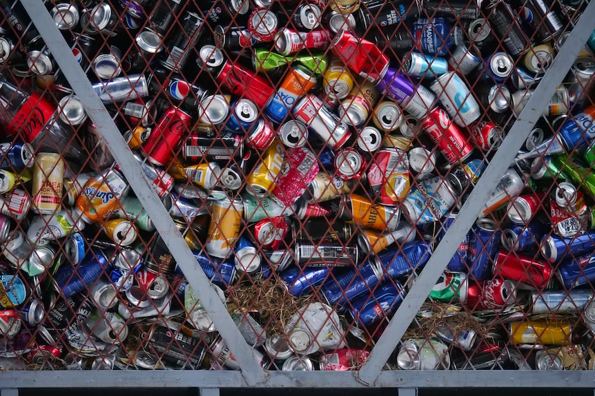Hundreds of soft drink cans in a bin.