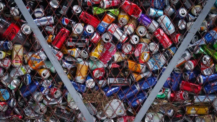 hundreds of soft drink cans in a bin