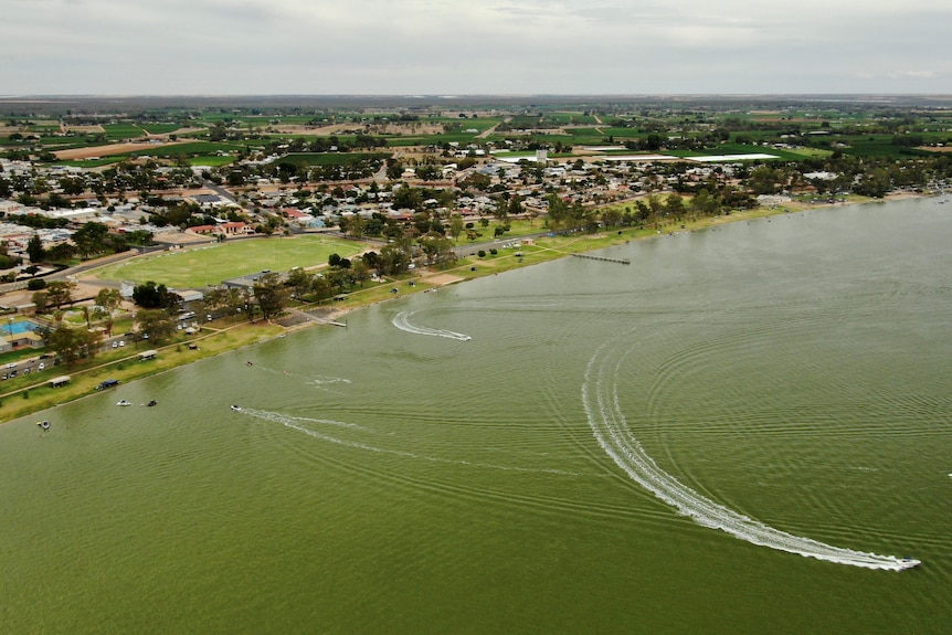 An overhead view of Lake Bonney.