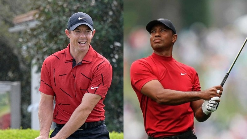 A conmposite of Rory McIlroy and Tiger Woods both wearing black caps, red tops and black trousers