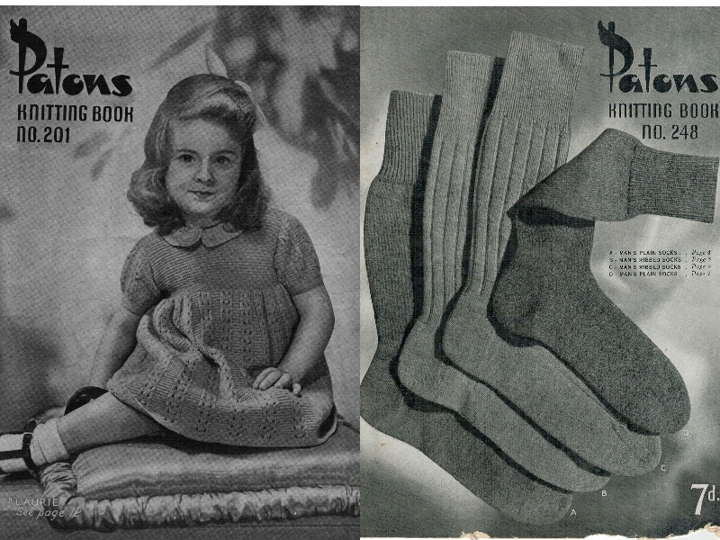 An old-fashioned advertisement of a girl wearing a woollen dress and another ad showing woollen socks.