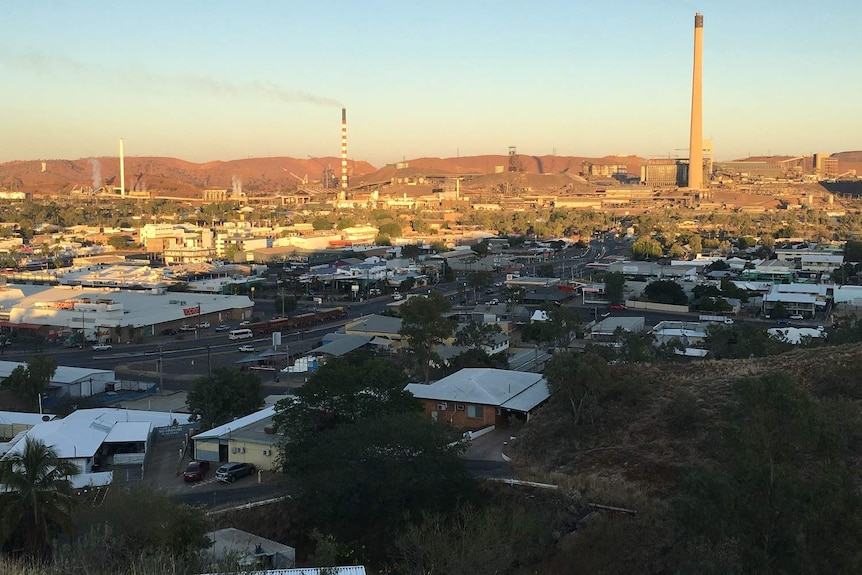 View over town with smoke stacks