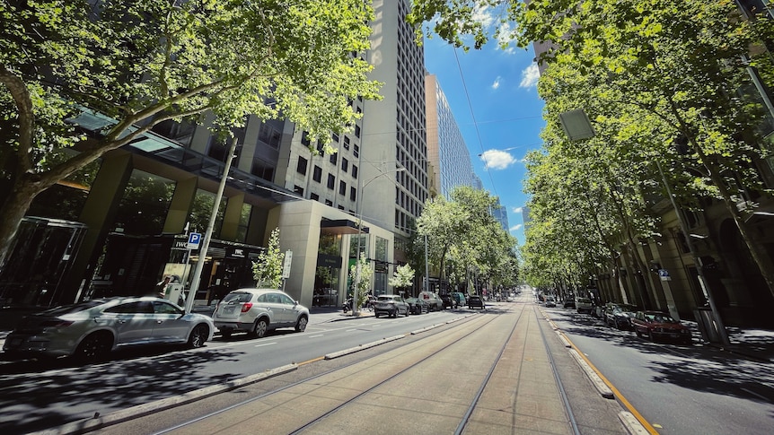 Collins Street in Melbourne with blue skies but few cars and pedestrians.
