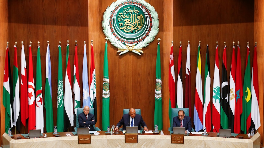 Arab League members sit during session, with member nation flags behind.