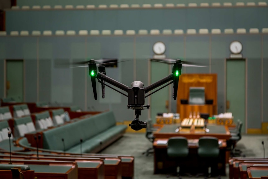 A drone flying in the House of Representatives during filming of The House with Annabel Crabb.