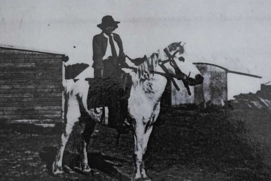 A middle-aged woman astride a horse in riding pants, a tie and a stylish Akubra-style hat worn at an angle