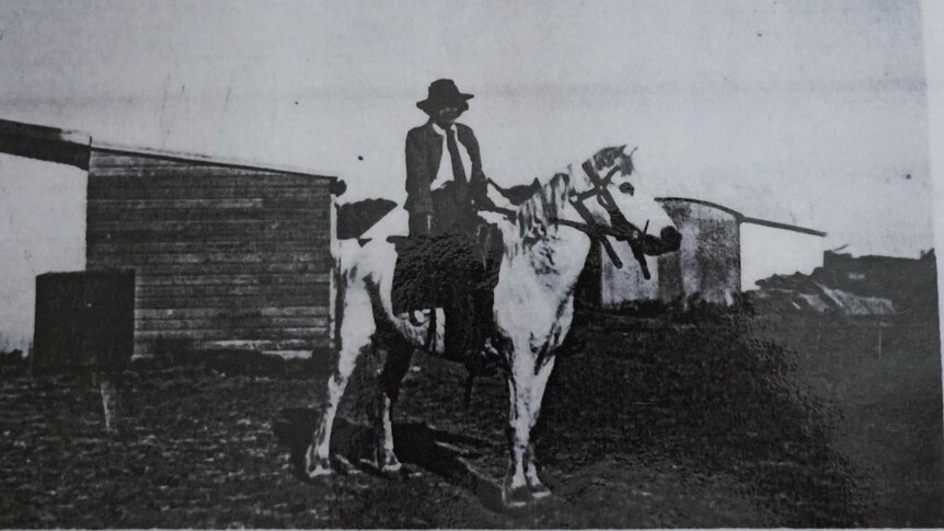 A middle-aged woman astride a horse in riding pants, a tie and a stylish Akubra-style hat worn at an angle