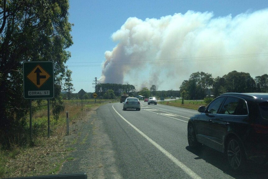 A large plume of smoke seen from car driving on a road north of Coffs Harbour.