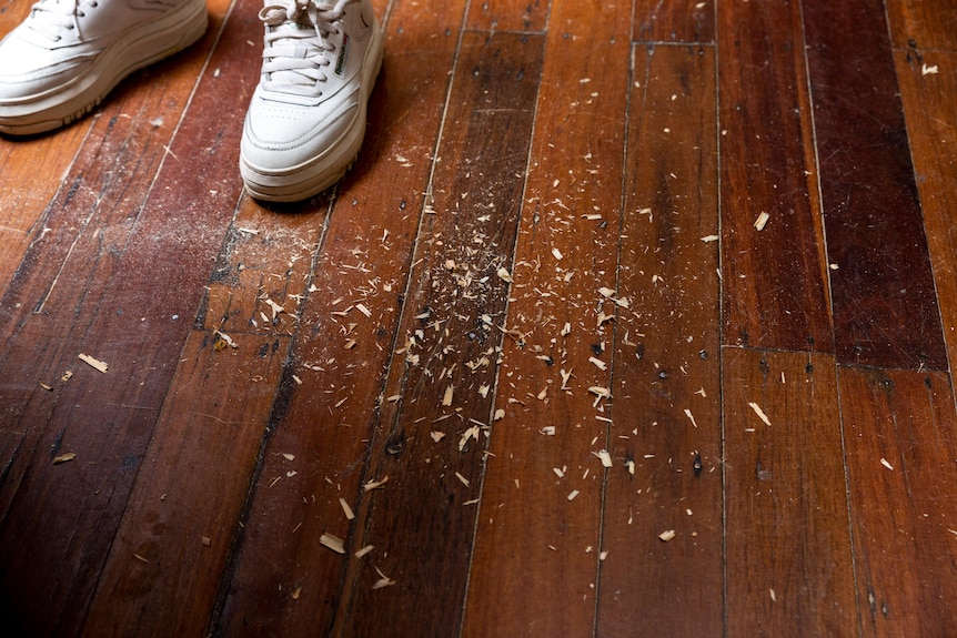sawdust and shoes on a wooden floor