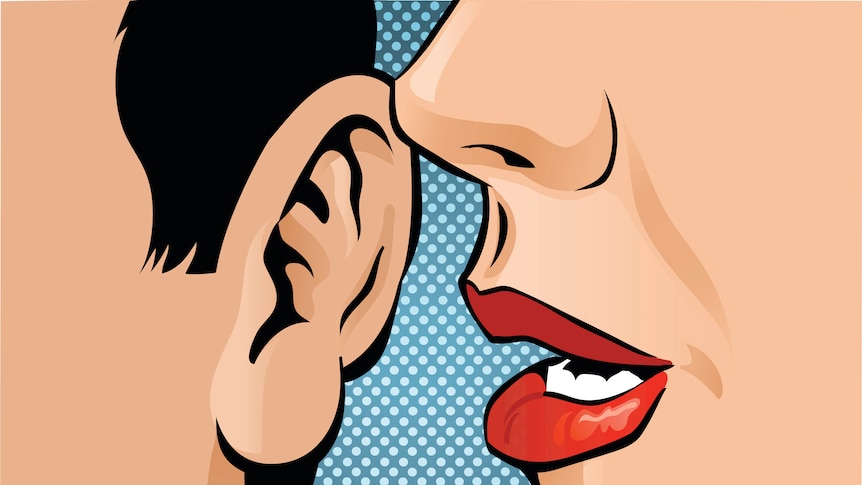 Retro artwork of a woman with red lips whispering in the ear of a man. 