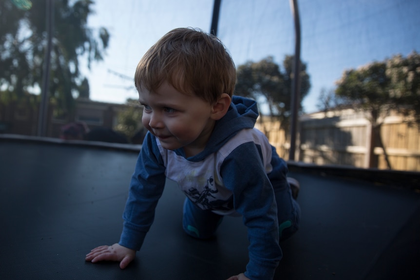 Roman crawls on the trampoline.