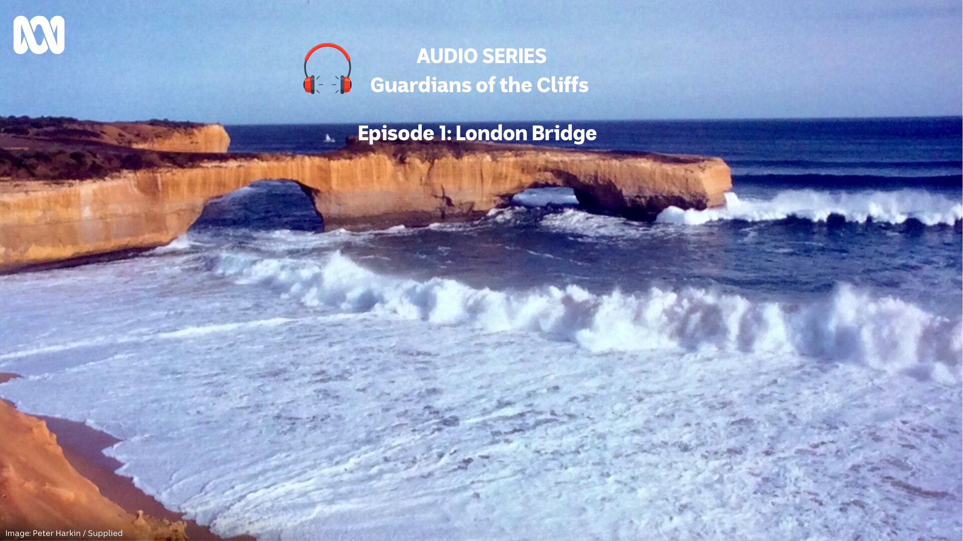 A cliff face jutting out to choppy sea on a sunny day, with the text of the series name and episode