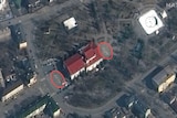 Satellite imagery shows the word "children" painted in Russian in front of and behind the building prior to the bombing.