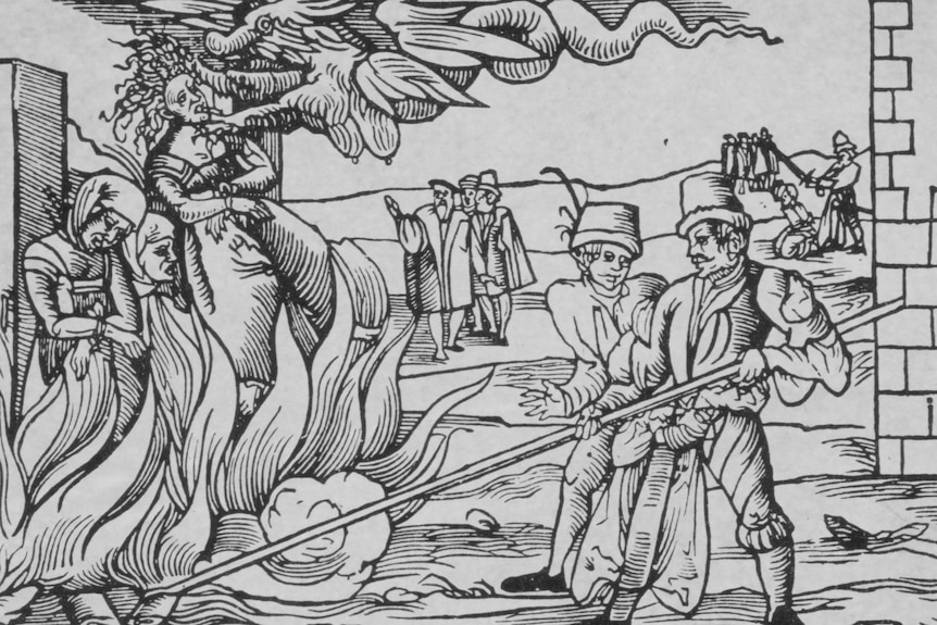Black and white sketch of three women standing in a fire while two men poke them with a long stick from afar.