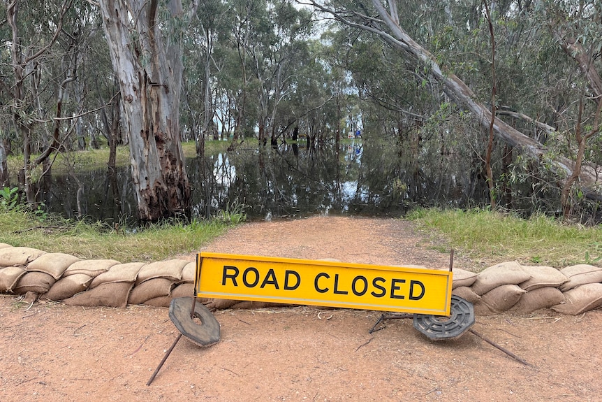 A 'road closed' sign near a flooded river.