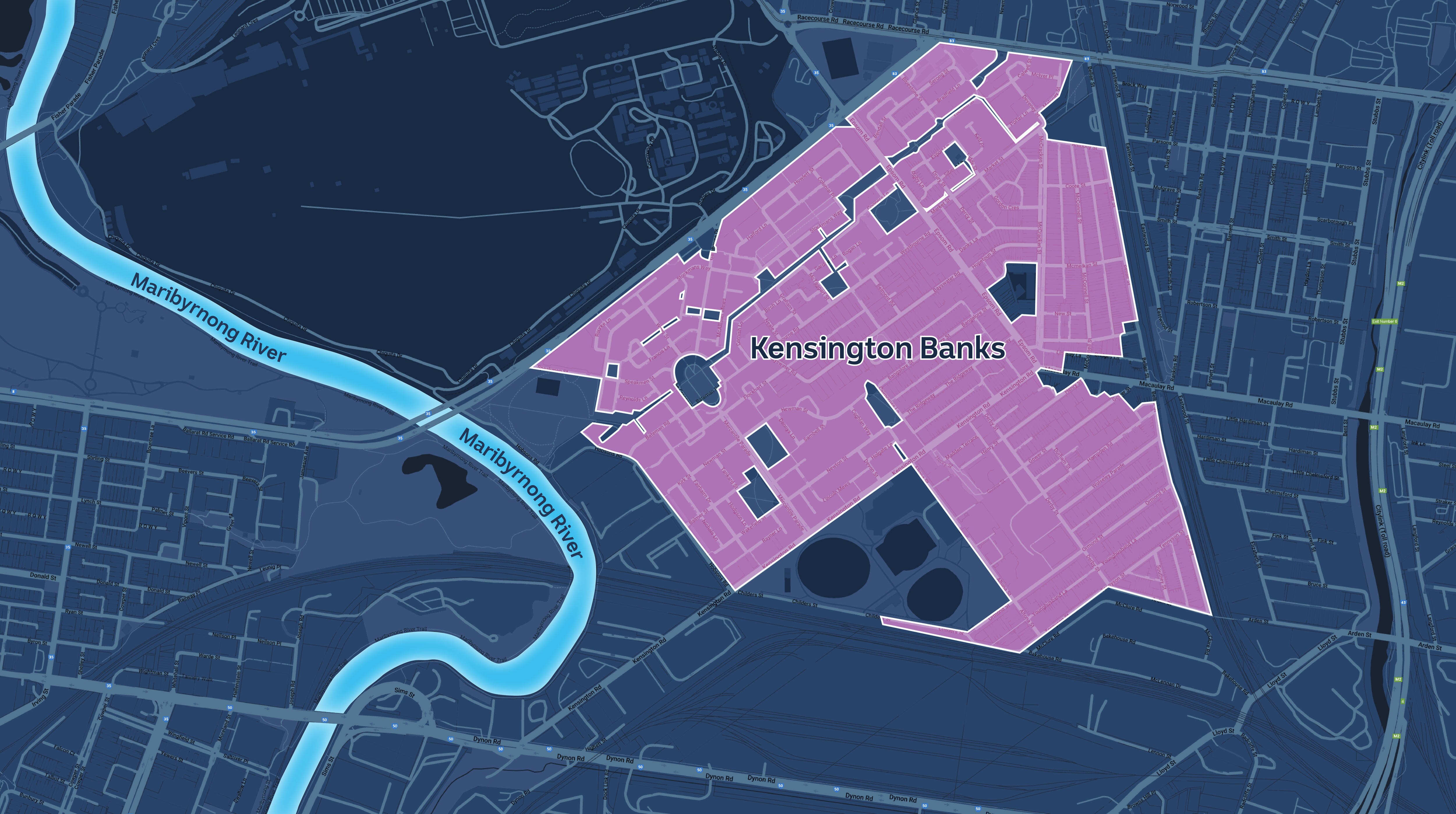 A graphic of Melbourne's Maribyrnong River and a newly designated flood zone.