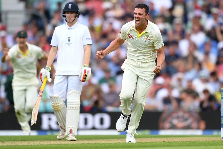 Josh hazlewood, in Australian cricket gear, clenches his fists and cheers in celebration in front of the stumps.