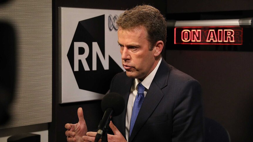 Social Services Minister Dan Tehan in the ABC RN studio in Parliament House, in a live radio interview.