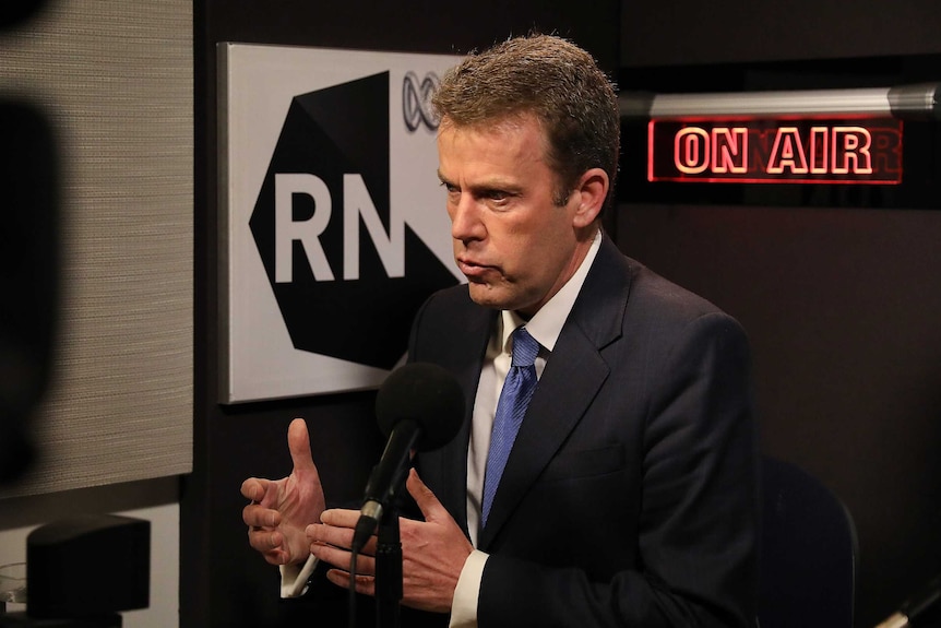 Social Services Minister Dan Tehan in the ABC RN studio in Parliament House, in a live radio interview.