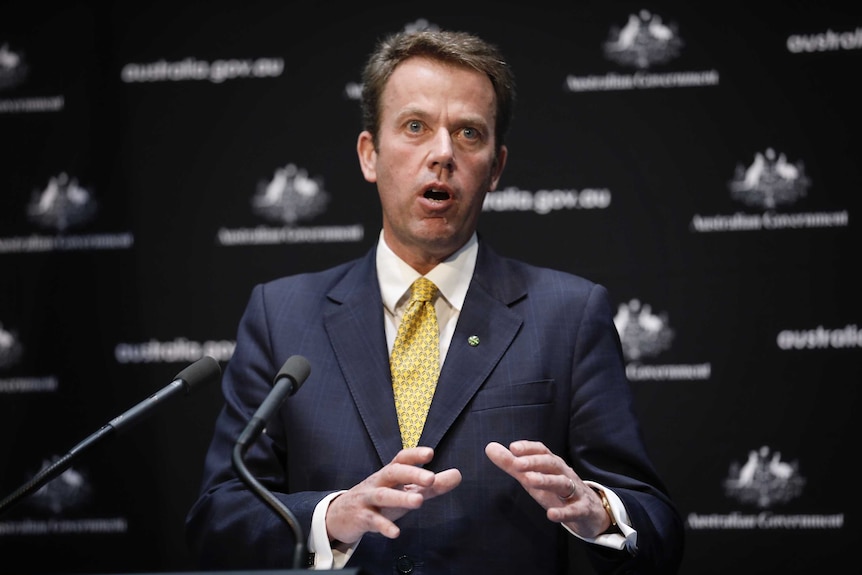 Tehan standing at a lectern standing in from of Australian Government signage, speaking.