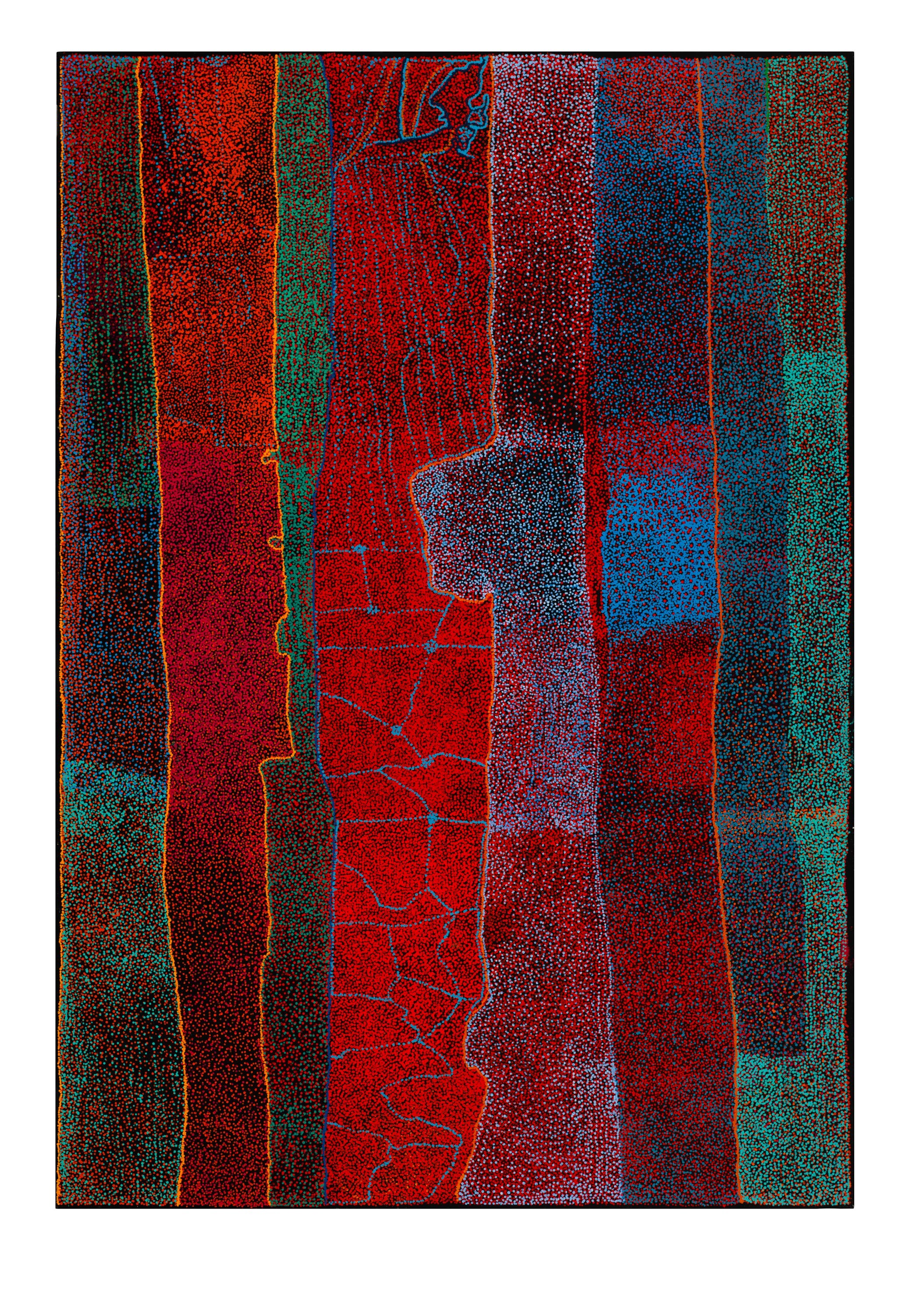 A painting in rich shades of red, blue and green, with dots forming lines, that is almost 3 metres tall and 2 metres wide.