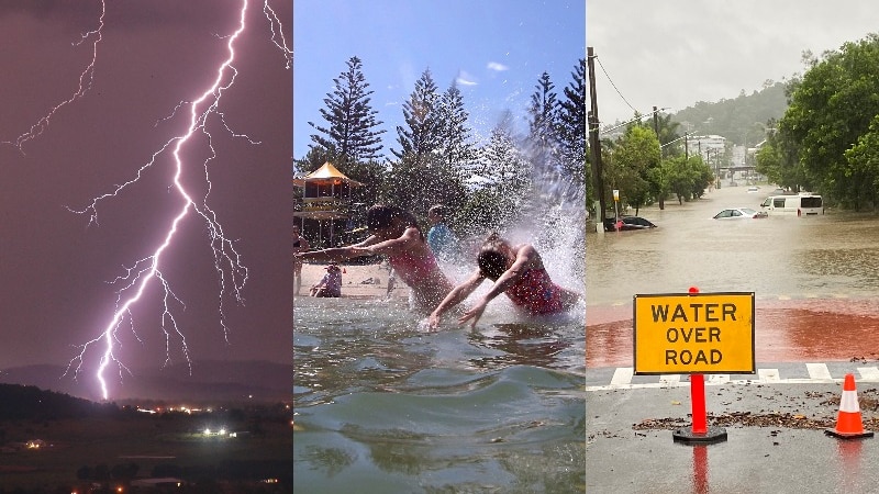 Composite of images showing lightning, people jumping into water and flooded road with warning sign up