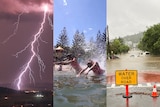 Composite of images showing lightning, people jumping into water and flooded road with warning sign up