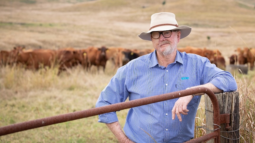 Farmer and melanoma survivor standing by a gate with cattle in the background