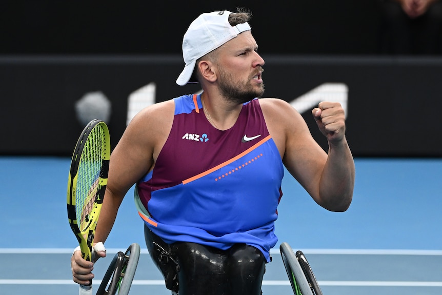 Dylan Alcott celebrates after winning a point in his Quad Wheelchair singles quarterfinals match against Niels Vink at Aus Open