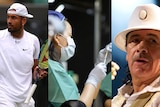 Nick Kyrgios wearing tennis whites, a woman in PPE putting a syringe into a vial, Carlos Santana wearing a hat
