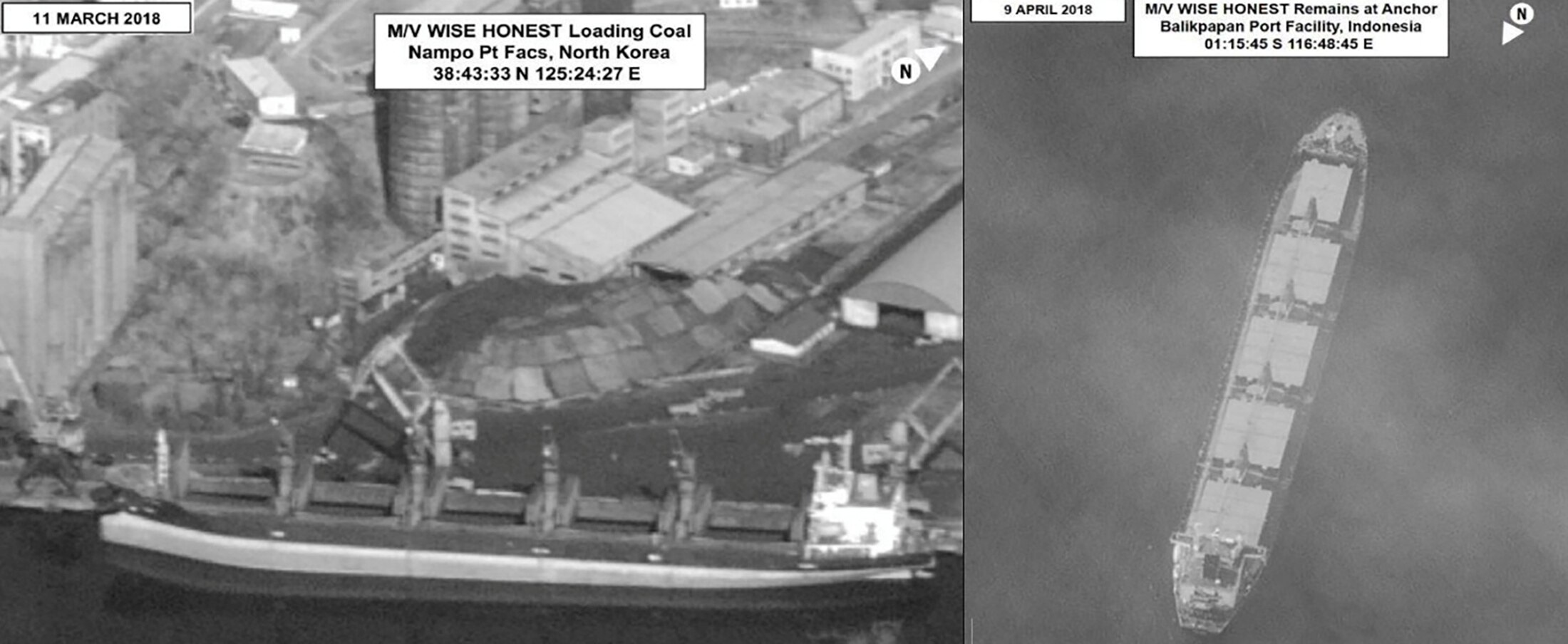 A black and white aerial images of a boat docked at a port and then in the sea