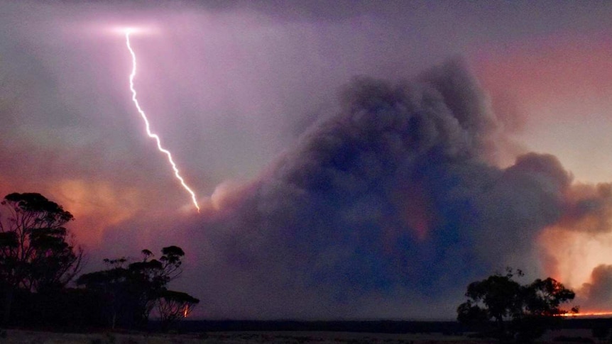 An lightning bolt strikes a cloud of smoke from a fire burning on a wheat field at low light.