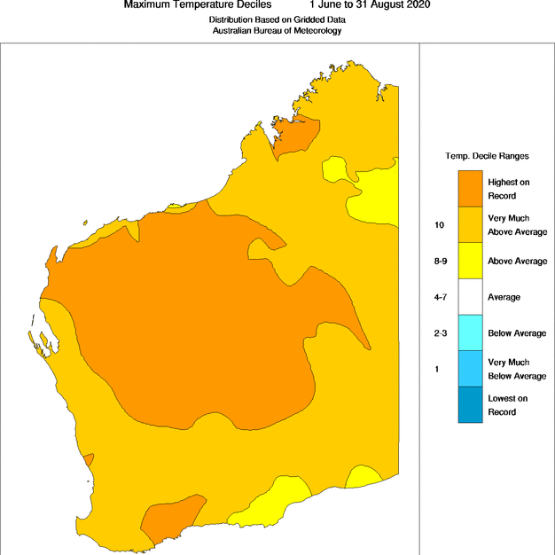 A map of Western Australia with different colours representing areas that broke temperature records.