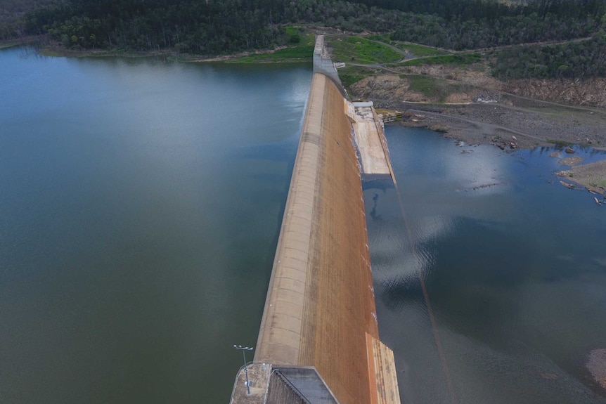 An aerial photo of Paradise Dam's spillway