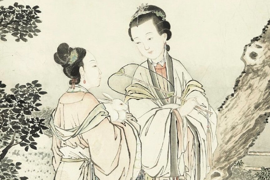 A picture of two women painted in Chinese style. 