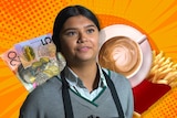 Girl in school uniform, striped shirt, grey sweater, nose ring, black hair tied, slight smile. Graphic of money, coffee, chips.