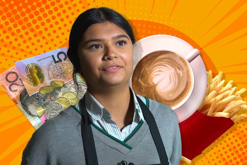 Girl in school uniform, striped shirt, grey sweater, nose ring, black hair tied, slight smile. Graphic of money, coffee, chips.