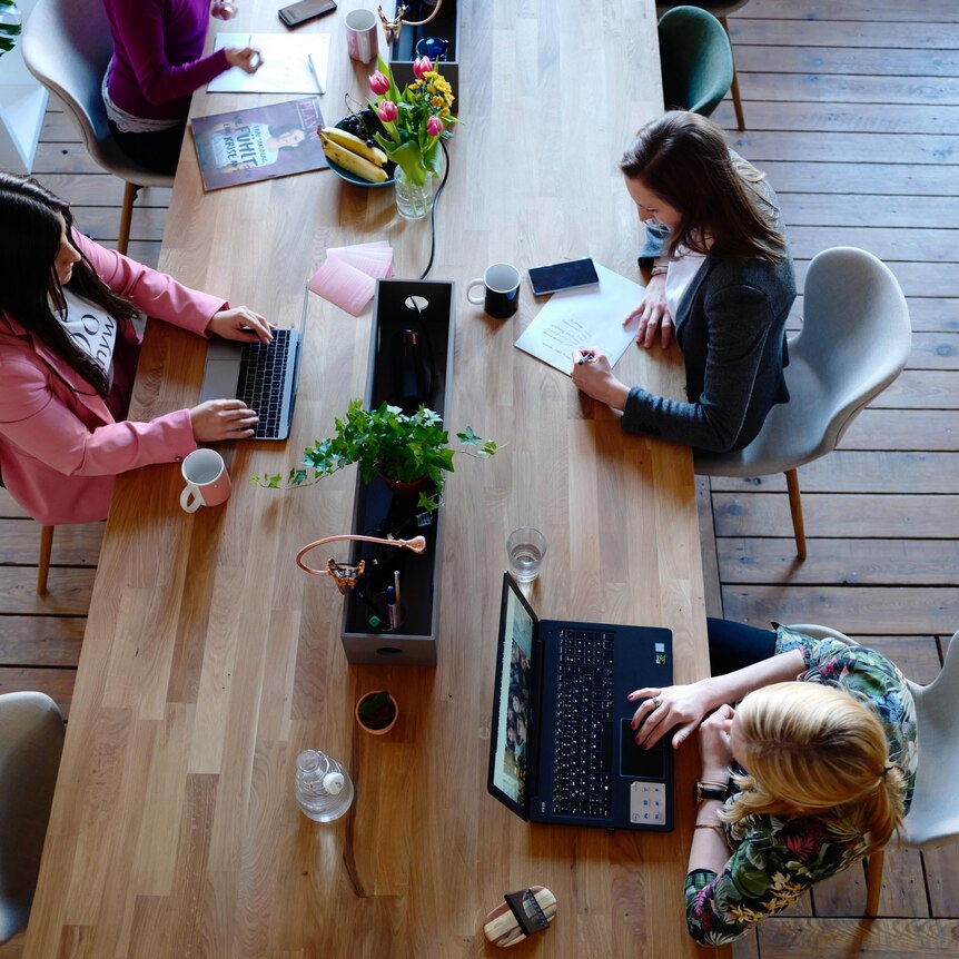 Pictured from above, three women sit around a wooden table with laptops open. There is a small plant in the middle.