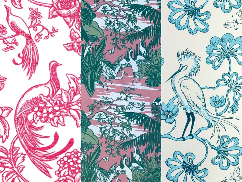 A composite image of three wallpaper designs featuring birds.